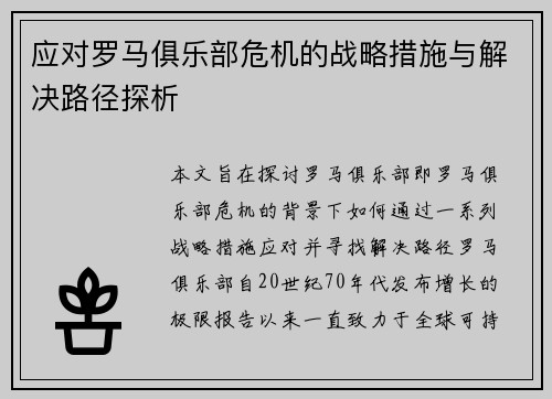 应对罗马俱乐部危机的战略措施与解决路径探析