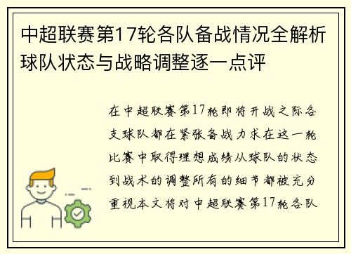 中超联赛第17轮各队备战情况全解析球队状态与战略调整逐一点评