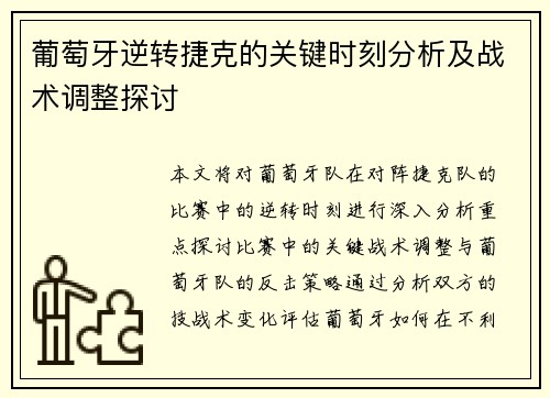 葡萄牙逆转捷克的关键时刻分析及战术调整探讨