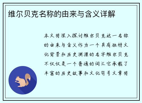 维尔贝克名称的由来与含义详解